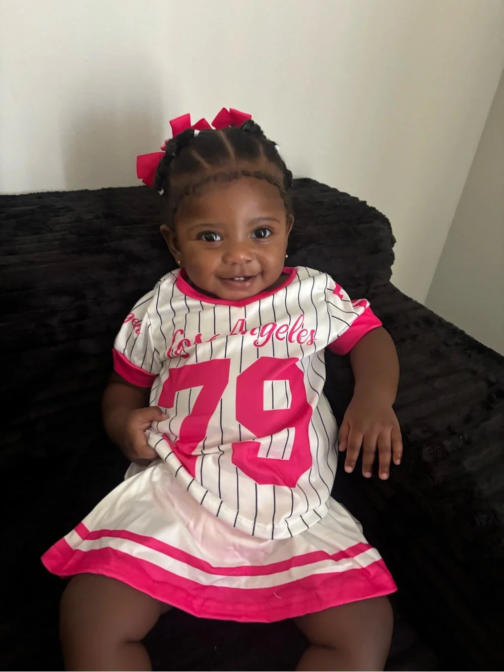 Girls' White & Hot Pink Striped Baseball Top - Cute Number 79 Design